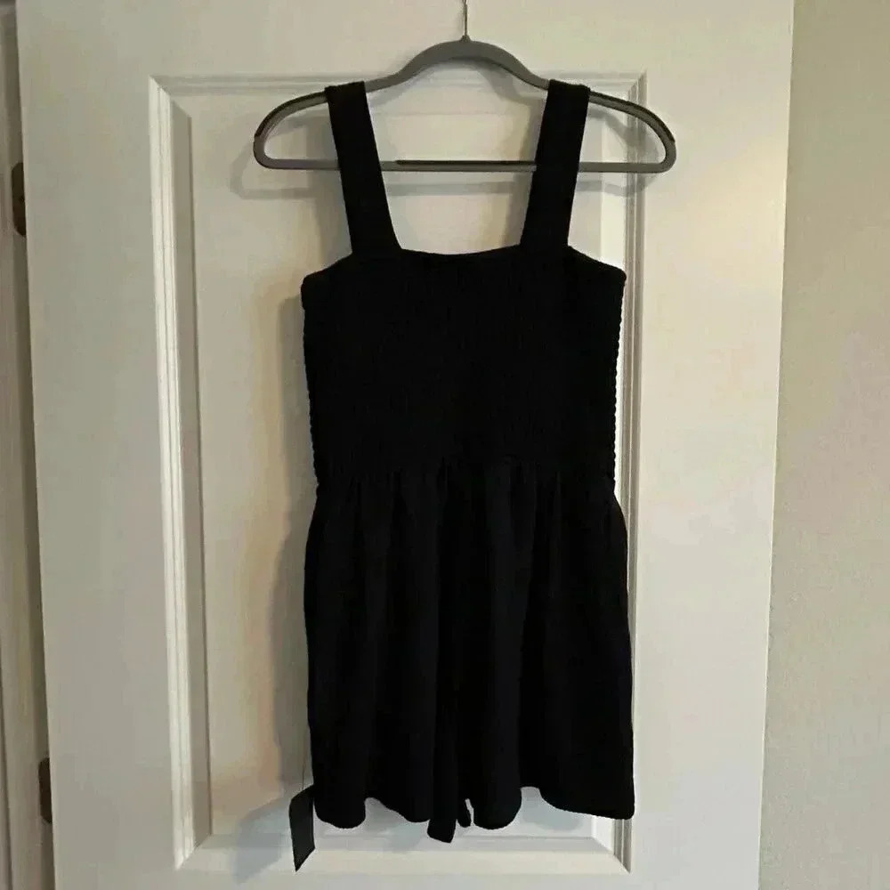 Lulus Social Calendar Black Ribbed Knit Smocked Romper L - Picture 3 of 7